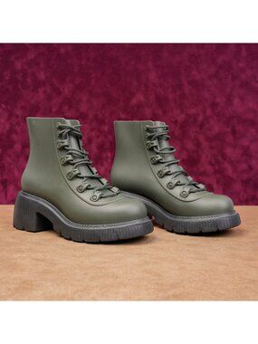 Melissa Women Cosmo Green Rubber Platform Festival Lace Combat Boots sz 9